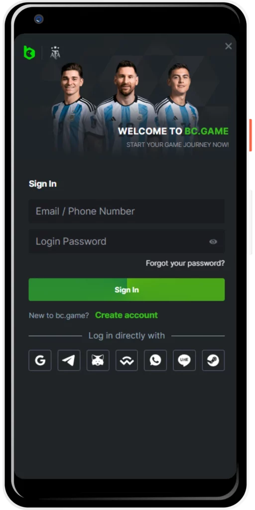 Logging into your BC.Game Casino account on a mobile device in 5 steps.